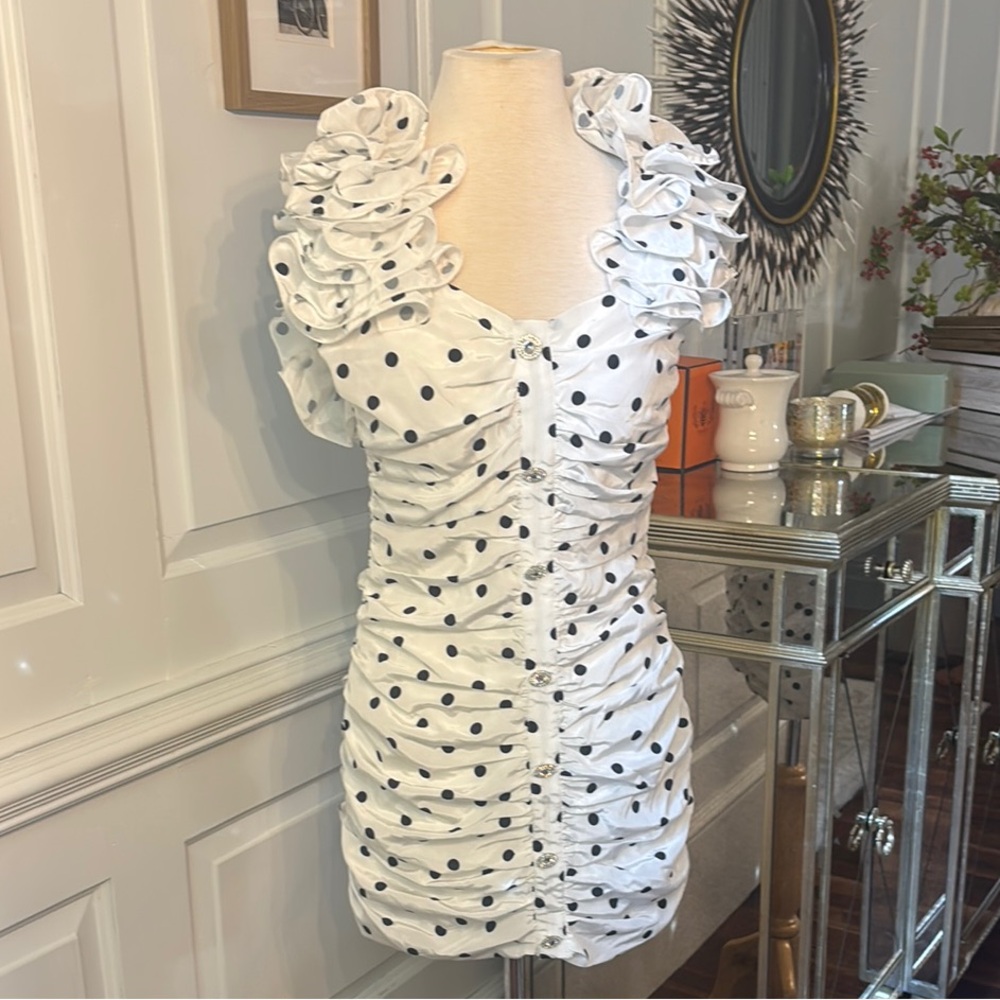 L'ATISTE White and Black Polka Dot Mini Dress